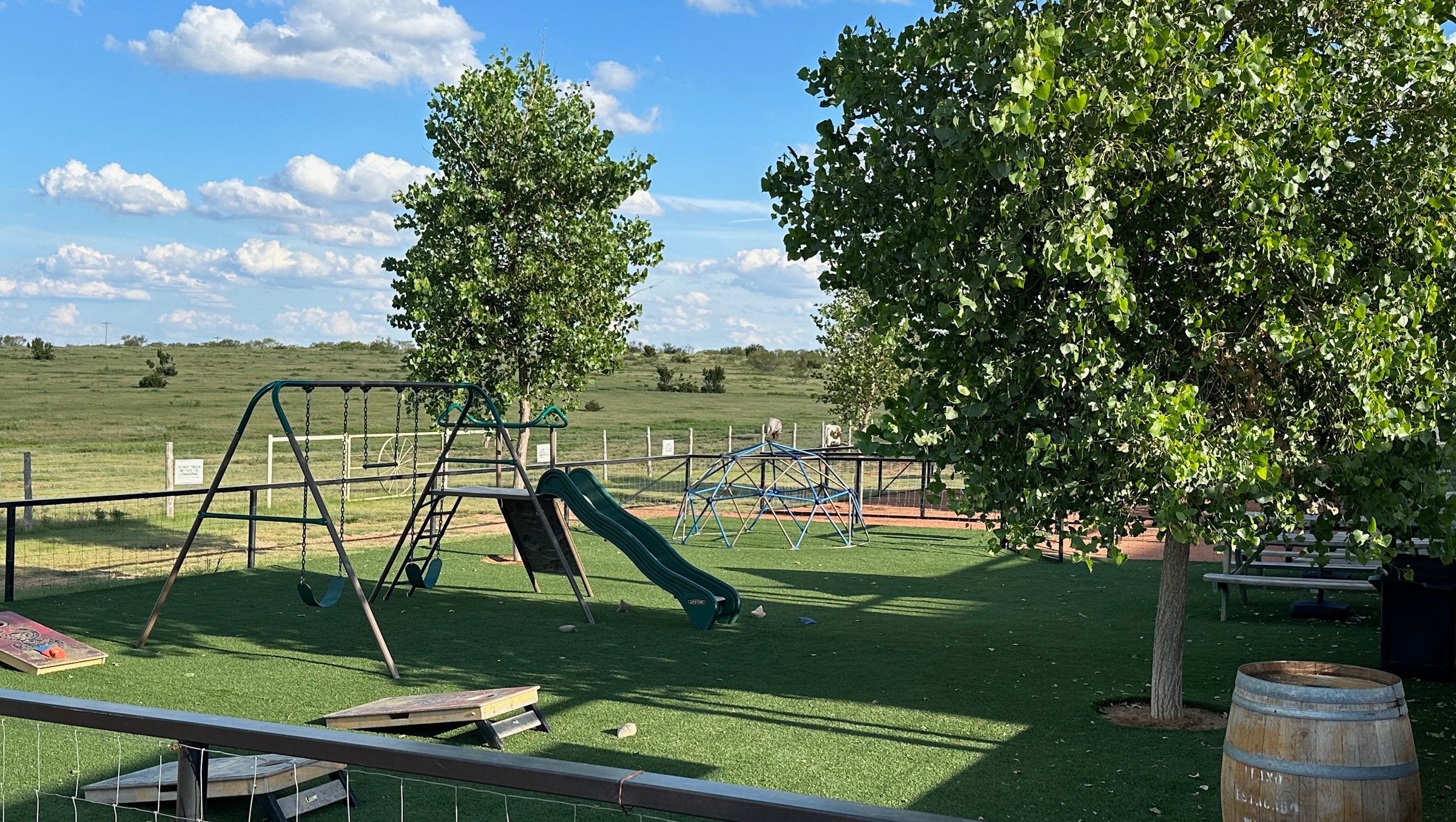Your kids will love our playground with swing set, climbing dome, and building blocks.